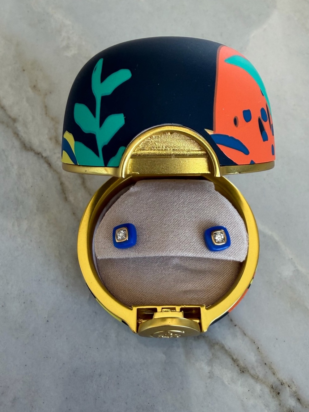 Blue Square Stud Earrings in Decorative Gold Case